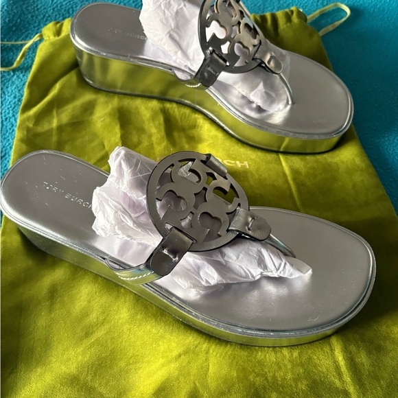 Tory Burch Metallic Silver Wedge Sandals - Picture 8 of 8